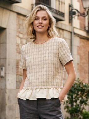 Beige Check Short-Sleeve Blouse with Ruffle Hem
